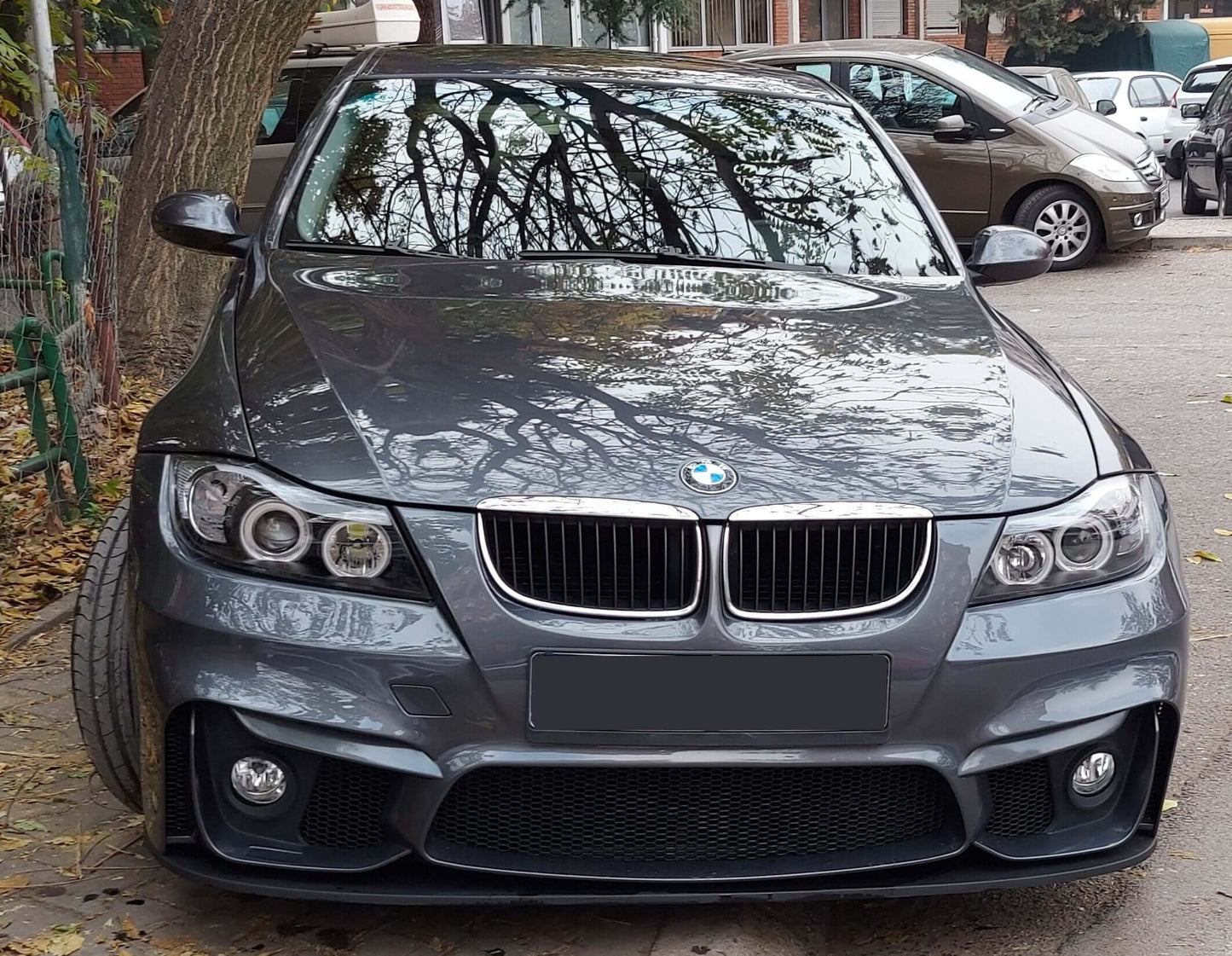 Front view of grey BMW E90 sedan with FRONT BLADE LIP BMW E90 M4 LOOK