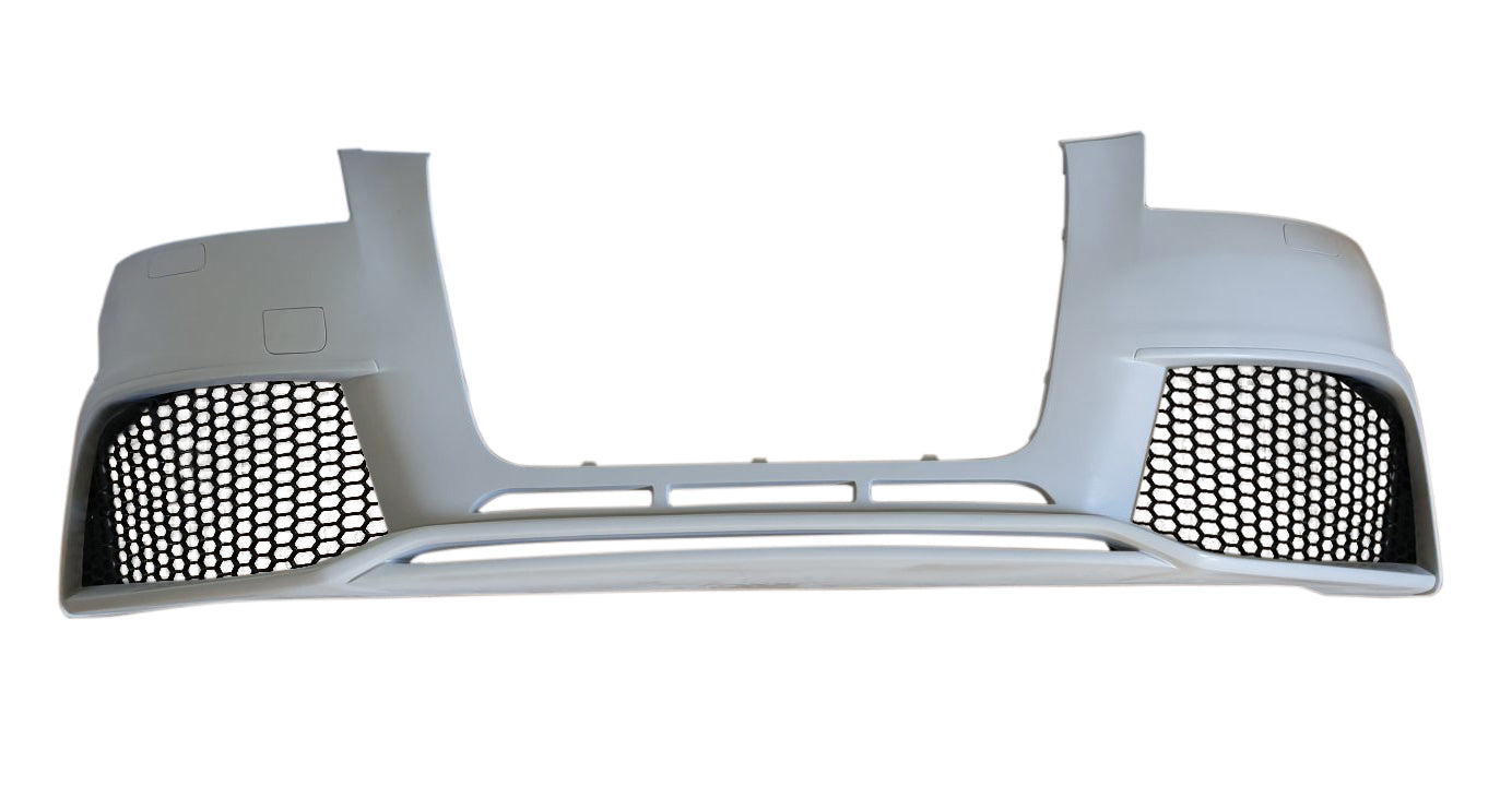 Front bumper Audi A3 8P3 (09–12) RS3 2.0 Look in primer finish, featuring large honeycomb grilles and sporty design details.