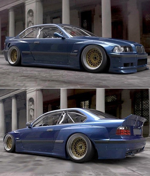 BMW E36 Coupe fitted with Rocket Bunny widebody kit including wide fenders, front lip, side skirts, and rear extensions.