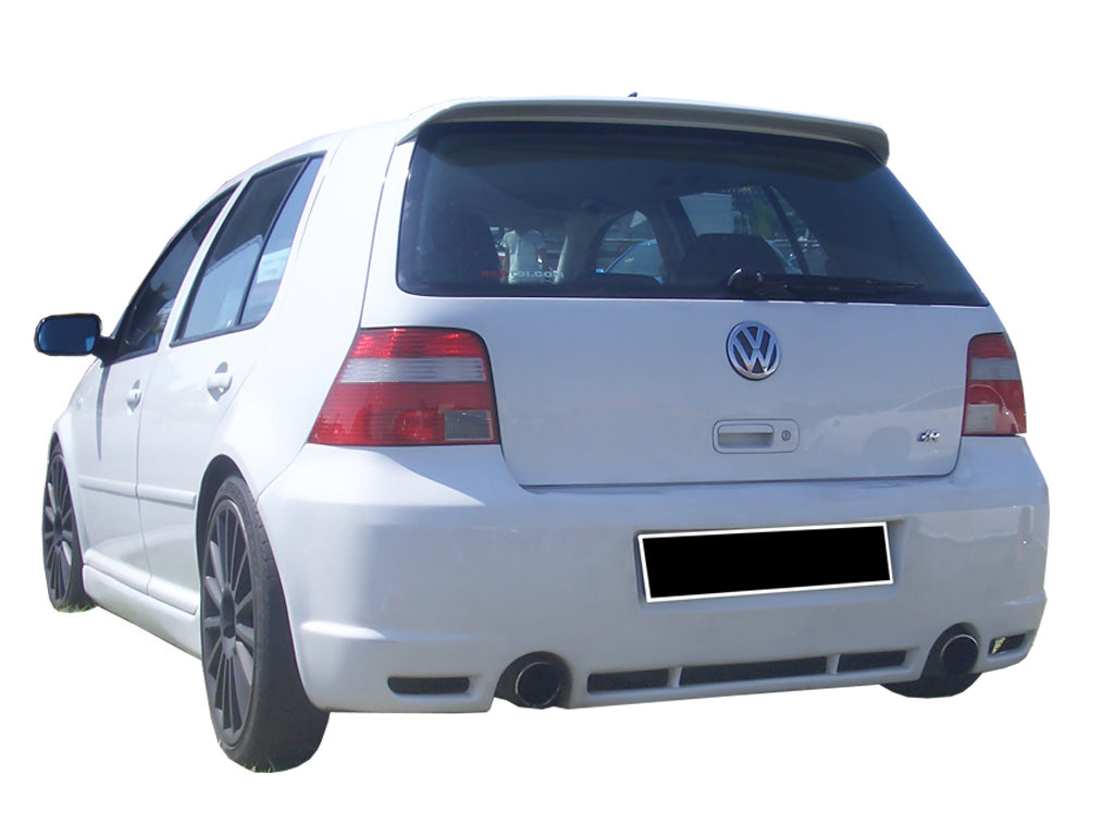 Back view of a white Volkswagen Golf IV with R32 Look rear bumper upgrade.