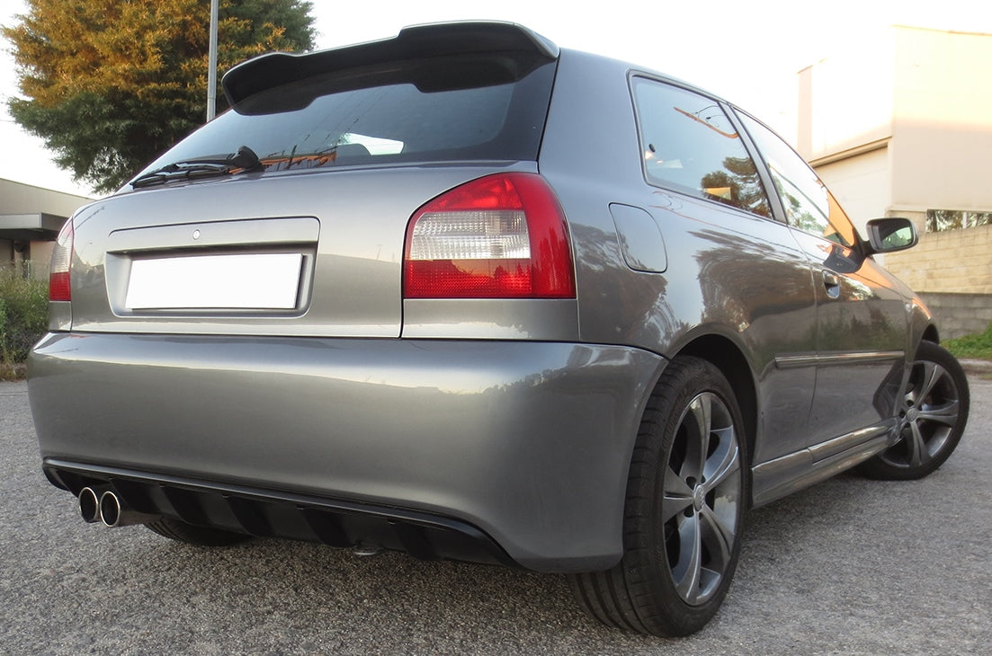 Rear bumper Audi A3 8L RS3 Look 2005 in grey, featuring sporty diffuser and dual exhaust outlets for an aggressive design.