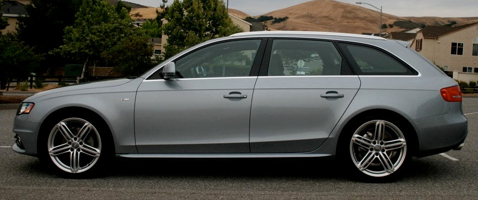 Side View of Side Skirts/Side Bars for Audi A4/B8 S-LINE on vehicle. Made from 1st grade FRP (reinforced fiberglass)