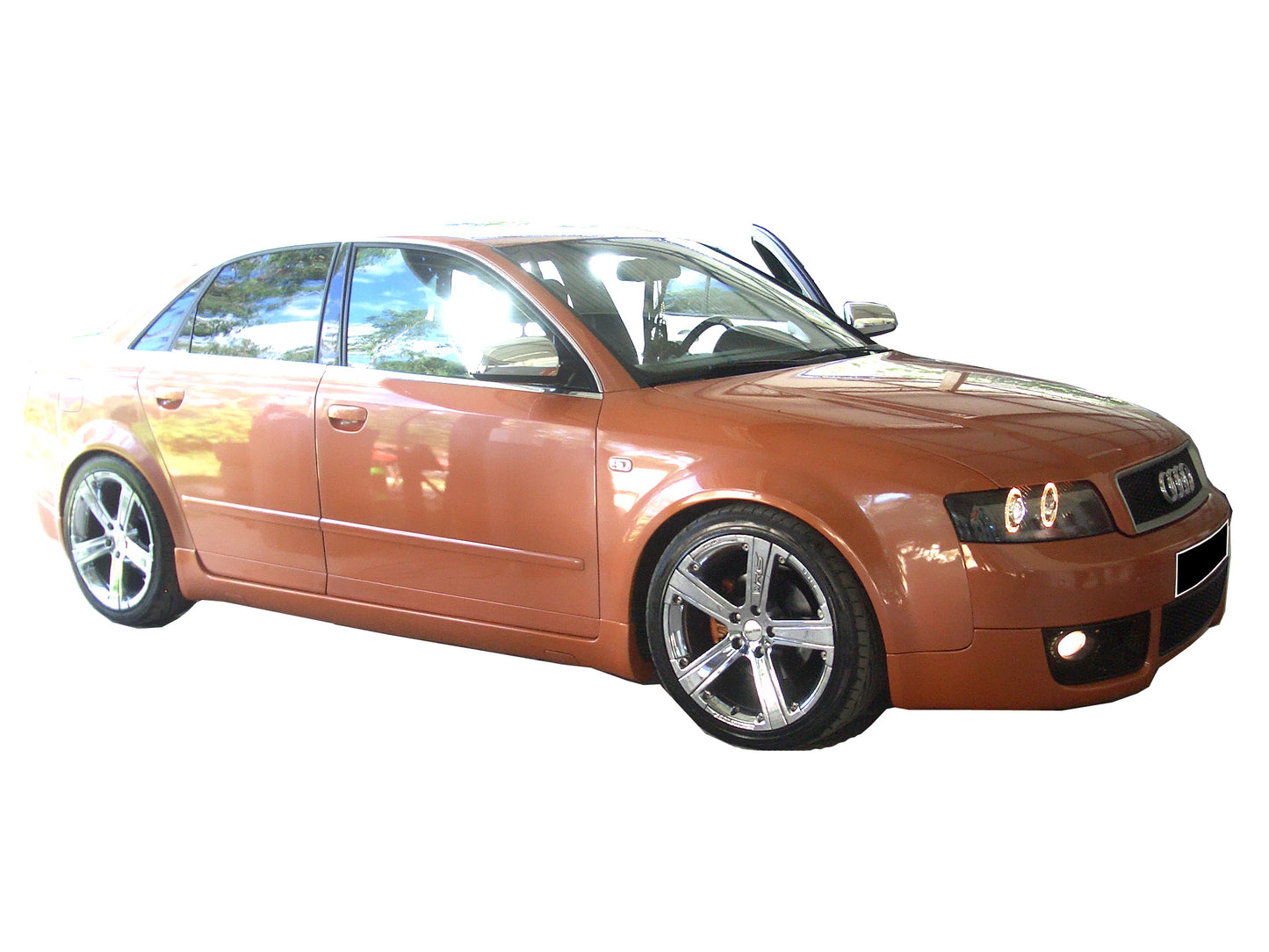 Side View of Side Skirts for Audi A4/B6 RS4 LOOK. Made from 1st grade FRP (reinforced fiberglass)