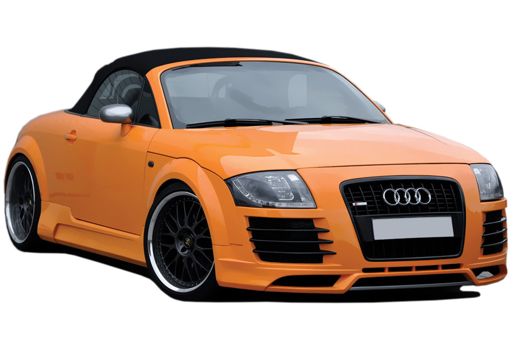 Front bumper Audi TT 8N R8 Look in orange, featuring a large black honeycomb grille and sporty air vents.