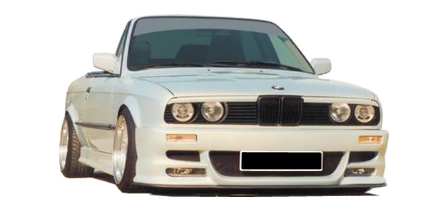 BMW 3 Series E30 with Drake style front bumper, featuring integrated air vents, clean aerodynamic lines, and a lowered sporty stance.