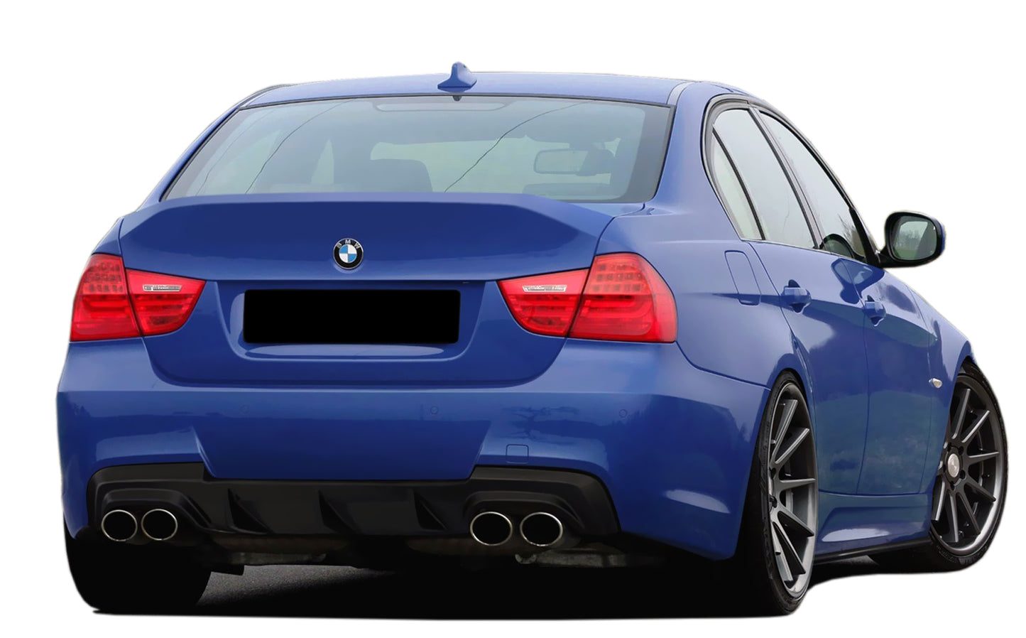 BMW 3 Series E90 sedan with FR Style rear bumper, finished in blue, featuring quad exhaust outlets and integrated black diffuser.