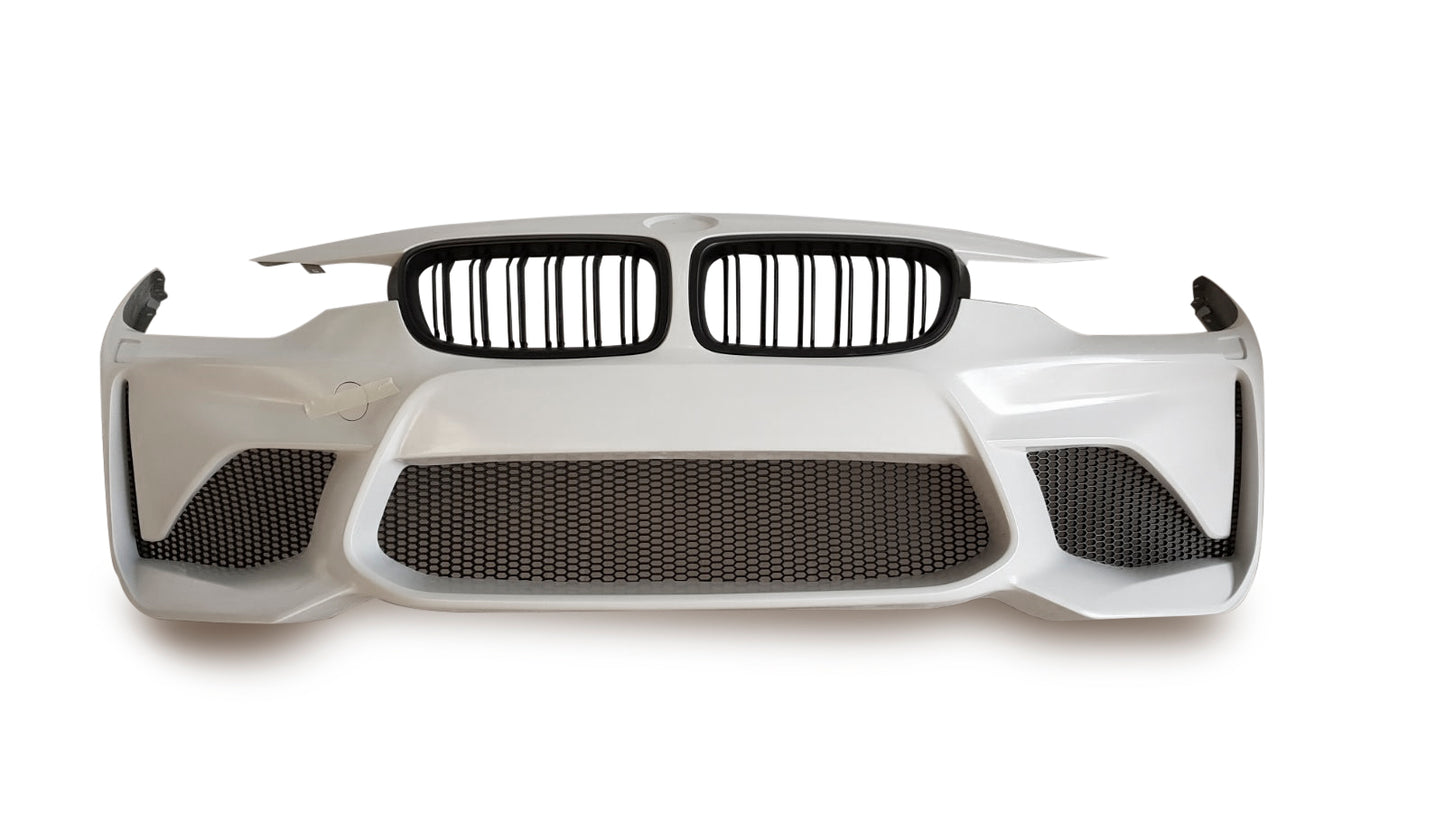 BMW 3 Series F30/F31 M2 Style front bumper, finished in primer, with dual kidney grille openings, large central mesh grille, and side air vents for a sporty design.