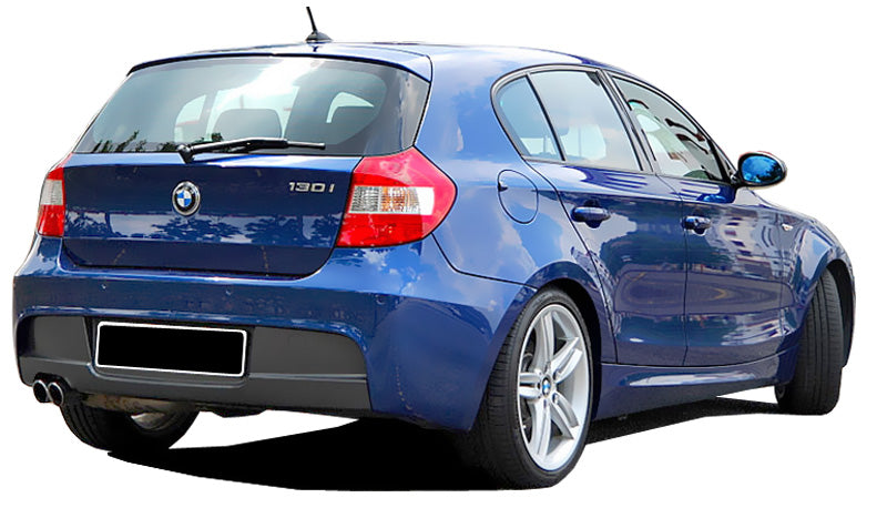 Rear view of a blue BMW 1 Series E81/E87 fitted with an M Pack look rear bumper, featuring dual exhaust outlets on the left side.