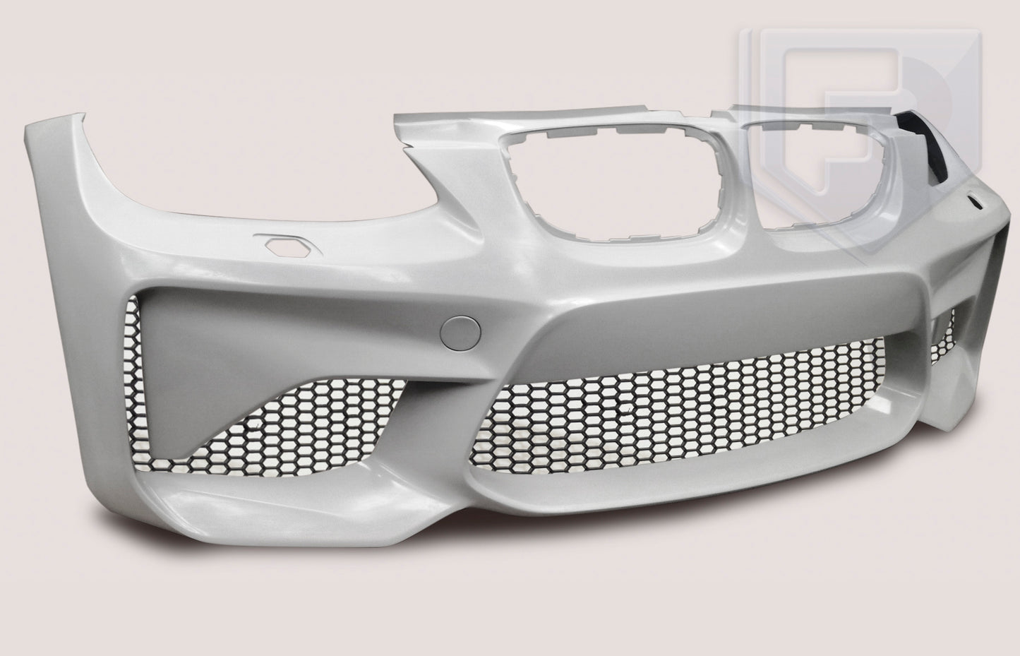 Standalone grey BMW 3 Series E92/E93 M2 look front bumper with honeycomb mesh grille, photographed against a neutral background.