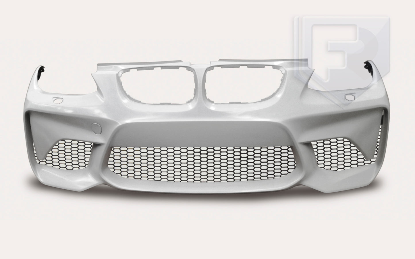 Frontal view of BMW 3 Series E92/E93 M2 look front bumper with wide honeycomb mesh grille and aerodynamic lines.