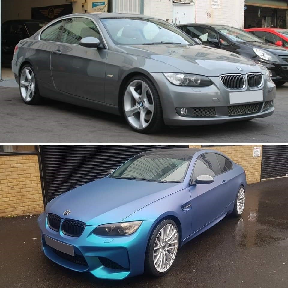 Comparison of two BMW 3 Series E92 coupes, top with standard bumper and bottom with upgraded M2 look front bumper.