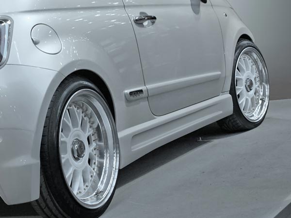Side View of Side Skirts for Fiat 500 on vehicle. Made from 1st grade FRP (reinforced fiberglass)