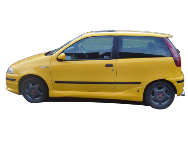Yellow Fiat Punto equipped with Abarth side skirts, enhancing the vehicle’s sporty look and aerodynamic performance.