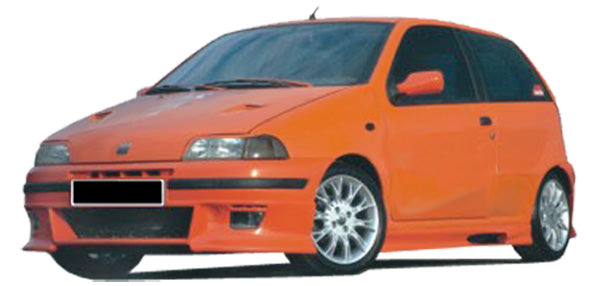 Front View of Front Bumper for Fiat Punto 93-99 Beast on vehicle (Fog Lights not included). Made from 1st grade FRP (reinforced fiberglass)