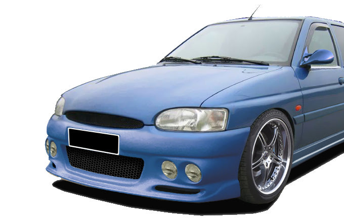 Front View of Front Bumper for Ford Escort MK6 on vehicle (Fog Lights not included). Made from 1st grade FRP (reinforced fiberglass)