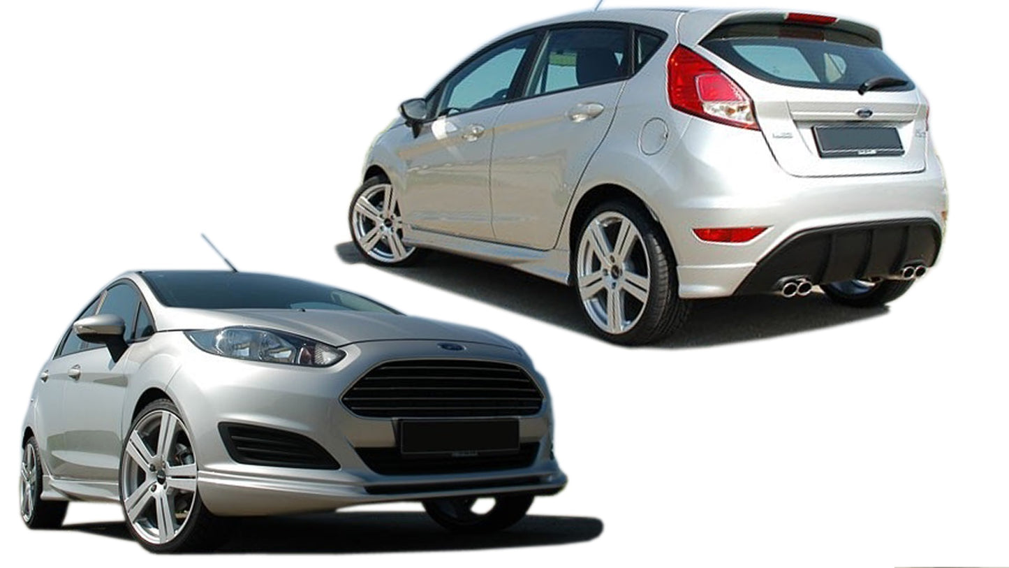 Front Spoiler, Rear Diffuser, Rear Bumper Corners & Side Skirts of Body Kit for Ford Fiesta VI on vehicle. Made from 1st grade FRP (reinforced fiberglass)