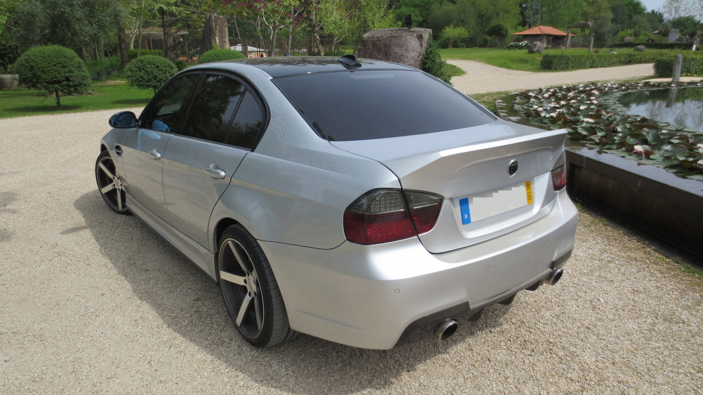 Back View of Rear Trunk for BMW 3 Series E90 PRE-LCI FR Style on vehicle. Made from 1st grade FRP (reinforced fiberglass)