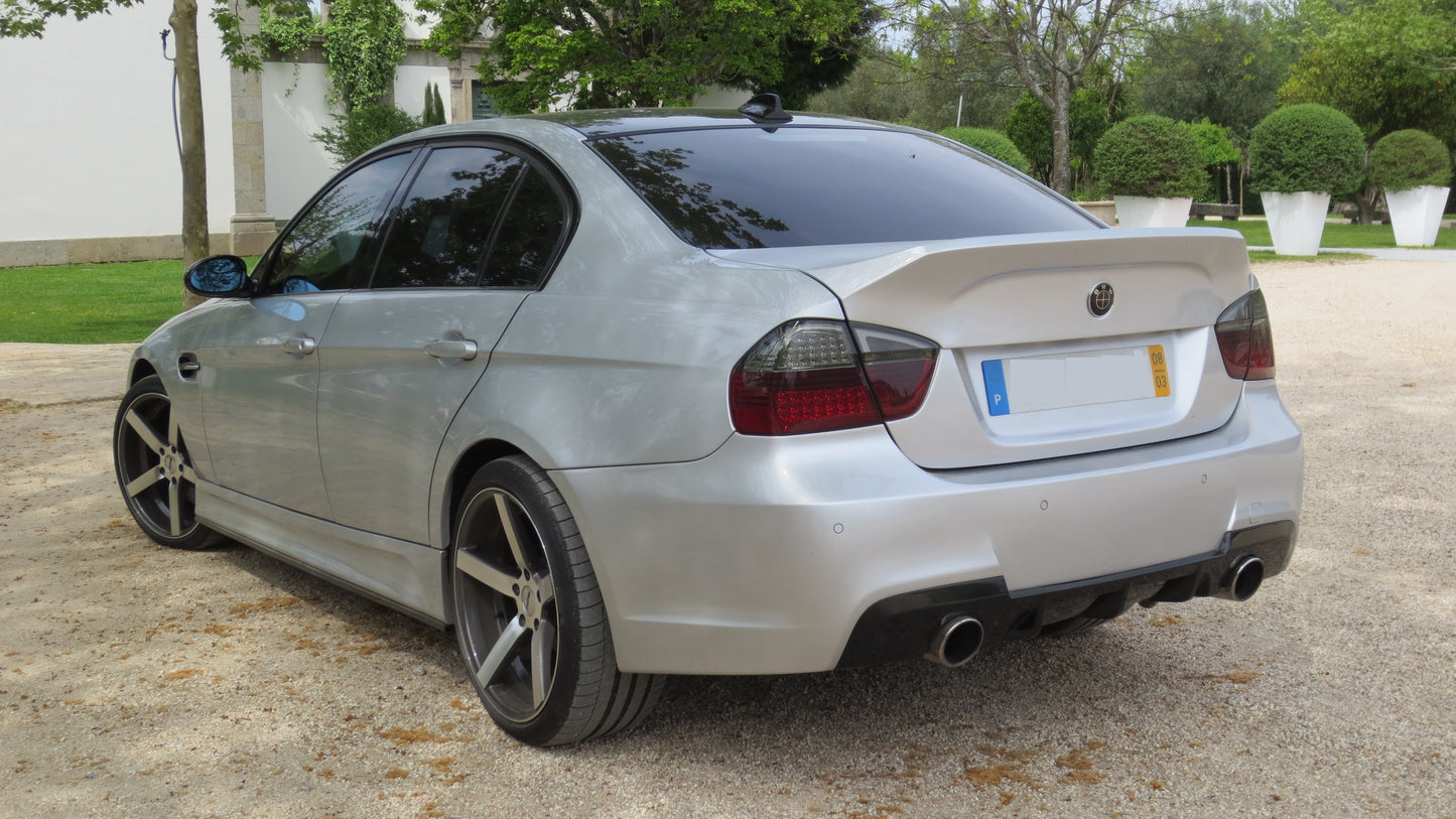 Back View of Rear Trunk for BMW 3 Series E90 PRE-LCI FR Style on vehicle. Made from 1st grade FRP (reinforced fiberglass)