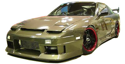 Bronze Nissan 180/200SX S13 Silvia fitted with side skirts, viewed from the front-left angle, showing the wide body kit, black and red wheels.