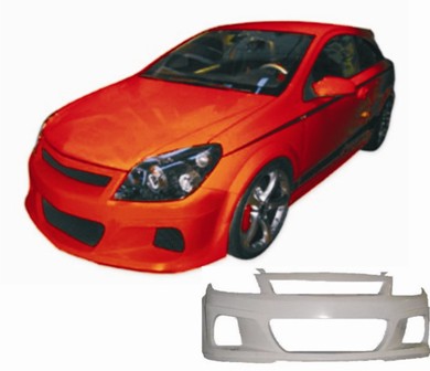 Front View of Front Bumper for Opel Astra H on vehicle. Made from 1st grade FRP (reinforced fiberglass)