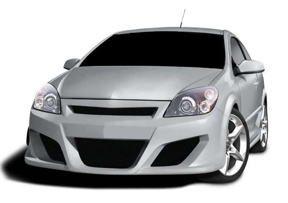 Front View of Front Bumper for Opel Astra H Magnum on vehicle. Made from 1st grade FRP (reinforced fiberglass)