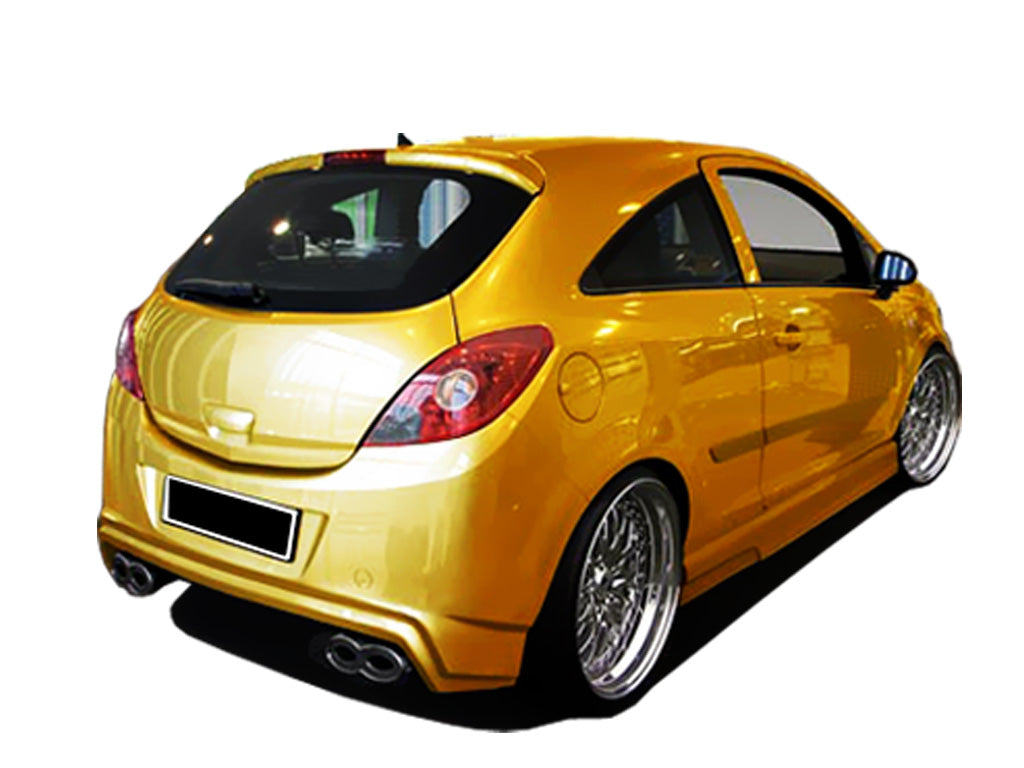 Rear bumper for Opel Corsa D King, featuring a sporty design with dual exhaust cutouts and aerodynamic lines for a performance-oriented appearance.