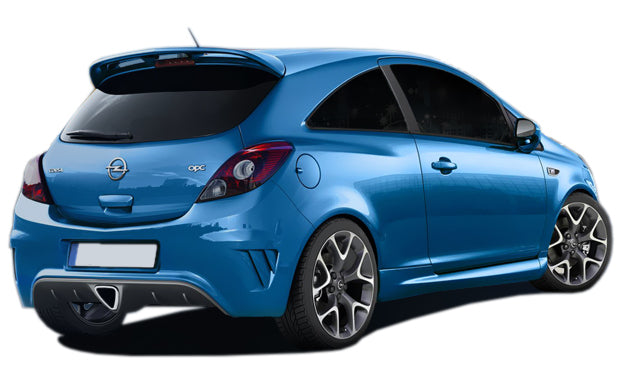 Rear bumper for Opel Corsa D OPC, designed with a central exhaust cutout and aerodynamic contours for a sporty and aggressive appearance.