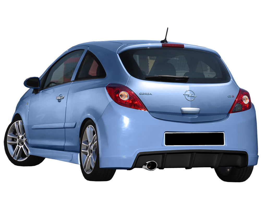 Rear bumper for Opel Corsa D Sport, featuring a sleek aerodynamic design with a central exhaust outlet and performance-inspired styling.