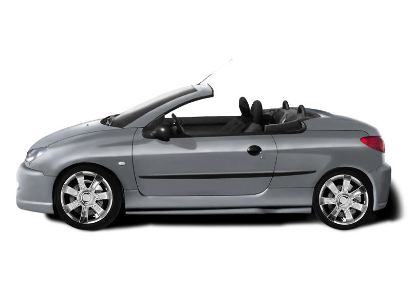 Silver Peugeot 206 CC convertible Exception with side skirts installed, side view showing the smooth aerodynamic design and multi-spoke alloy wheels.