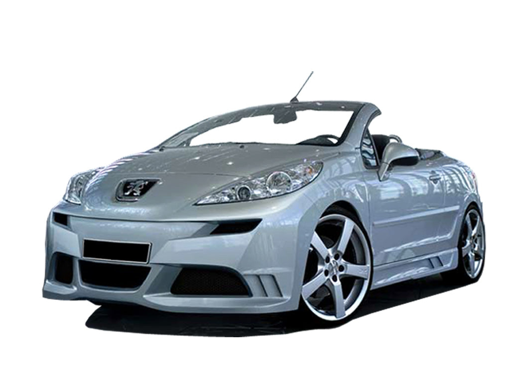Front View of Front Bumper Peugeot 207 CC Super Star on vehicle. Made from 1st grade FRP (reinforced fiberglass)