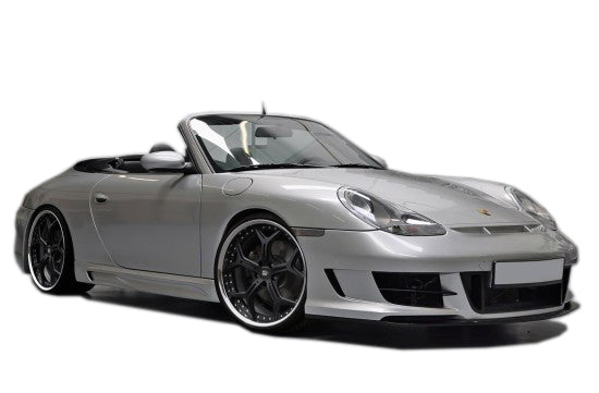 Silver Porsche 911/996 Ph 1 convertible equipped with a front bumper featuring wide air intakes, vertical vents, and a lower splitter, shown from a low front-side angle with large dark alloy wheels.