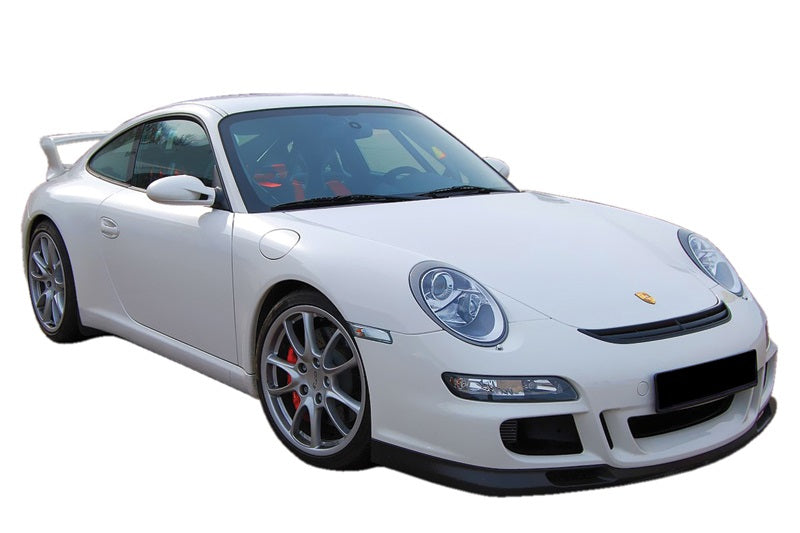 Front View of Front Bumper for Porsche 911/997 GT3 Look on vehicle. Made from 1st grade FRP (reinforced fiberglass)