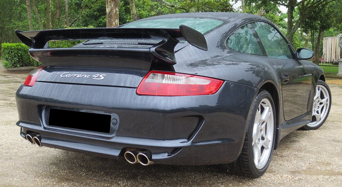 Back View of Rear Bumper for Porsche 911/997 GT3 Look on vehicle. Made from 1st grade FRP (reinforced fiberglass)