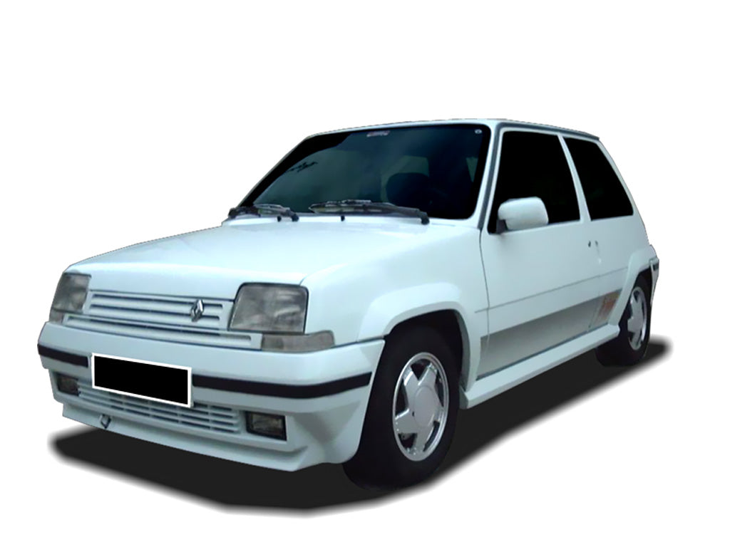 Front bumper for Renault Super 5 GT Turbo fitted on a white Renault Super 5, featuring integrated lower grille openings, rectangular fog lights, and a clean OEM-style GT Turbo front design.