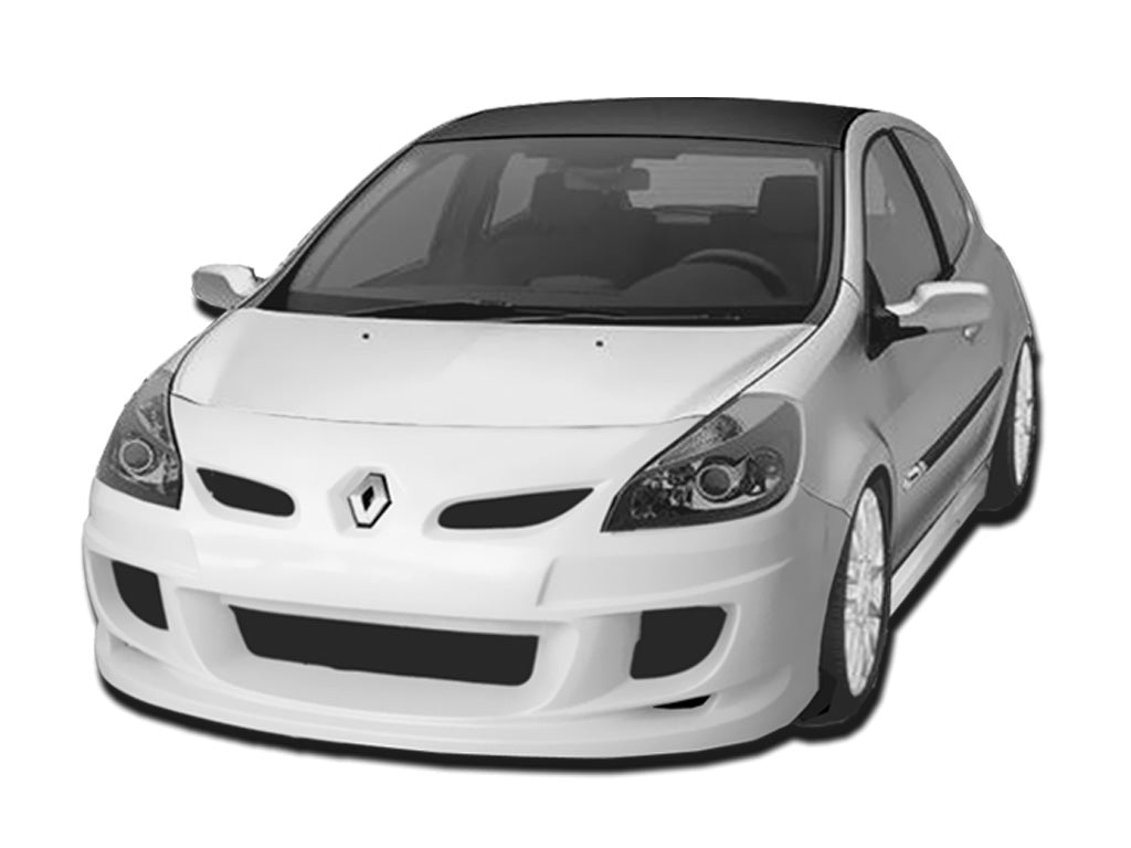 Front bumper for Renault Clio III Sport mounted on a white, lowered Clio III, featuring large air intakes, a wide lower grille, and a sporty, aerodynamic design.