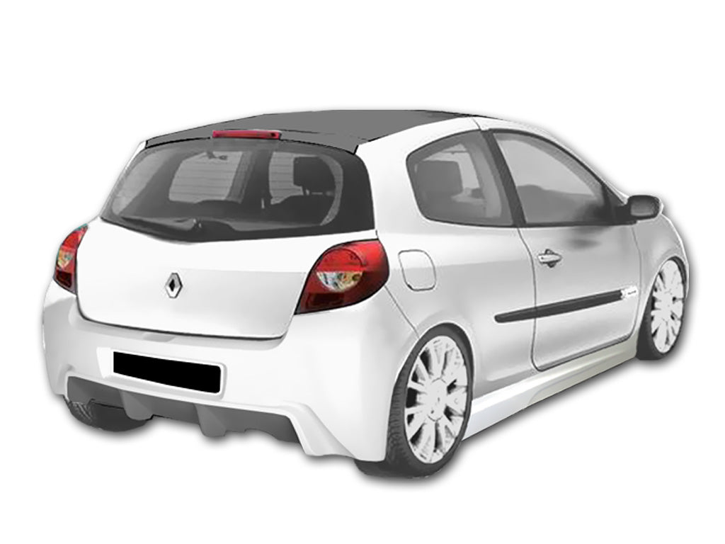 Rear bumper for Renault Clio III Sport shown on a white, lowered Clio III with wide wheels, featuring a sculpted diffuser-style lower section and a clean, sporty OEM-plus rear design.