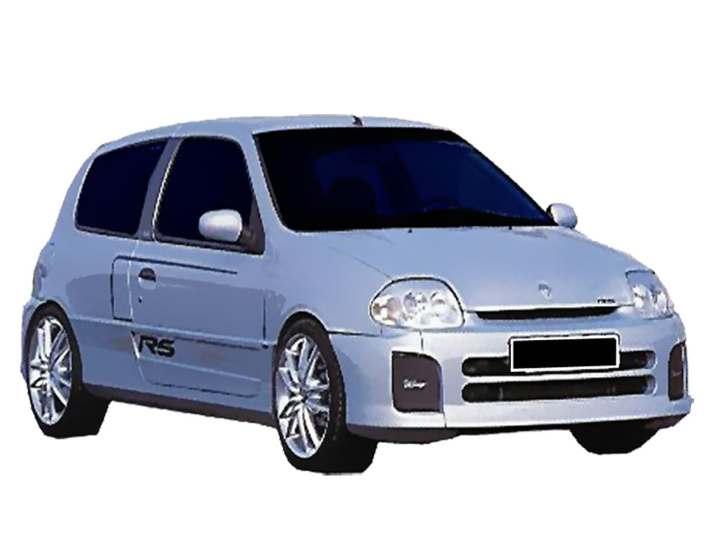 Front bumper for Renault Clio II Phase 1 V6 Look displayed on a modified silver Clio, featuring widened lower intakes and integrated fog light housings.