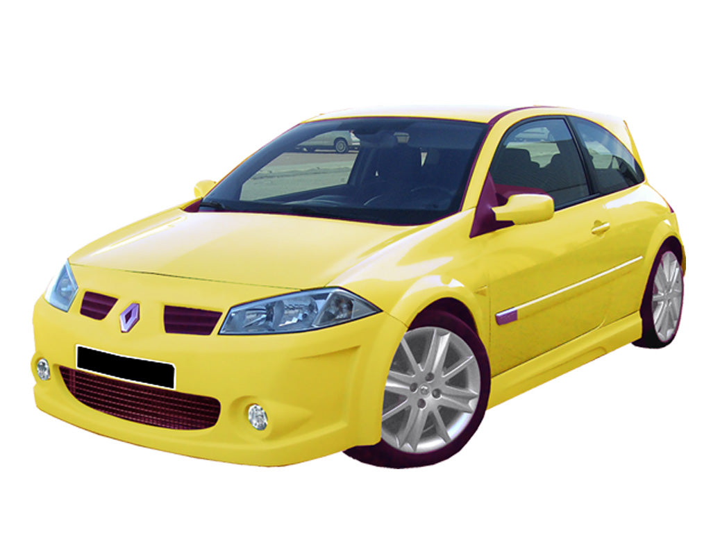 Front bumper for Renault Megane II Sport installed on a yellow Megane II, featuring enlarged lower grille openings, integrated fog lights, and a wider, more aggressive front profile.