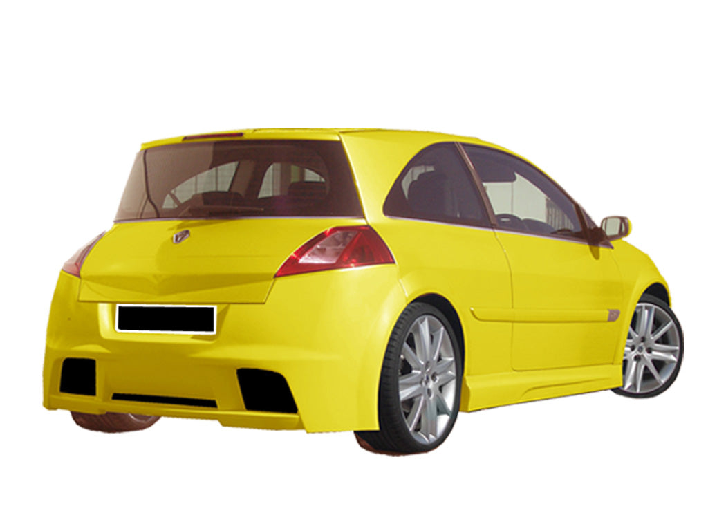 Rear bumper for Renault Megane II Sport installed on a yellow Megane II, showing wide lower vents, a sculpted diffuser-style section, and an overall more aggressive rear design.