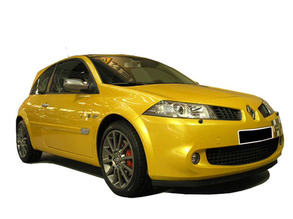 Rear bumper for Renault Megane II F1 Team on a yellow Megane II, featuring a centered dual-exit exhaust, integrated lower grille, and clean OEM sport styling.
