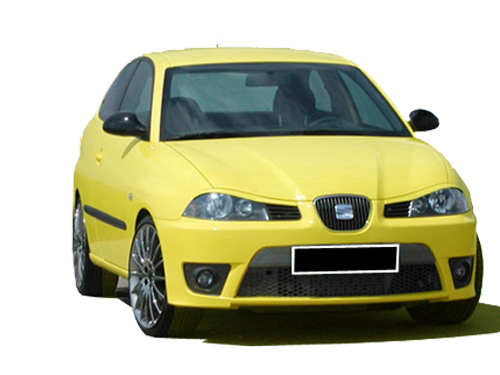 Front bumper for Seat Ibiza 6L Cupra Look installed on a yellow Seat Ibiza 6L, showing a sporty front fascia with enlarged air intakes and integrated fog lights.