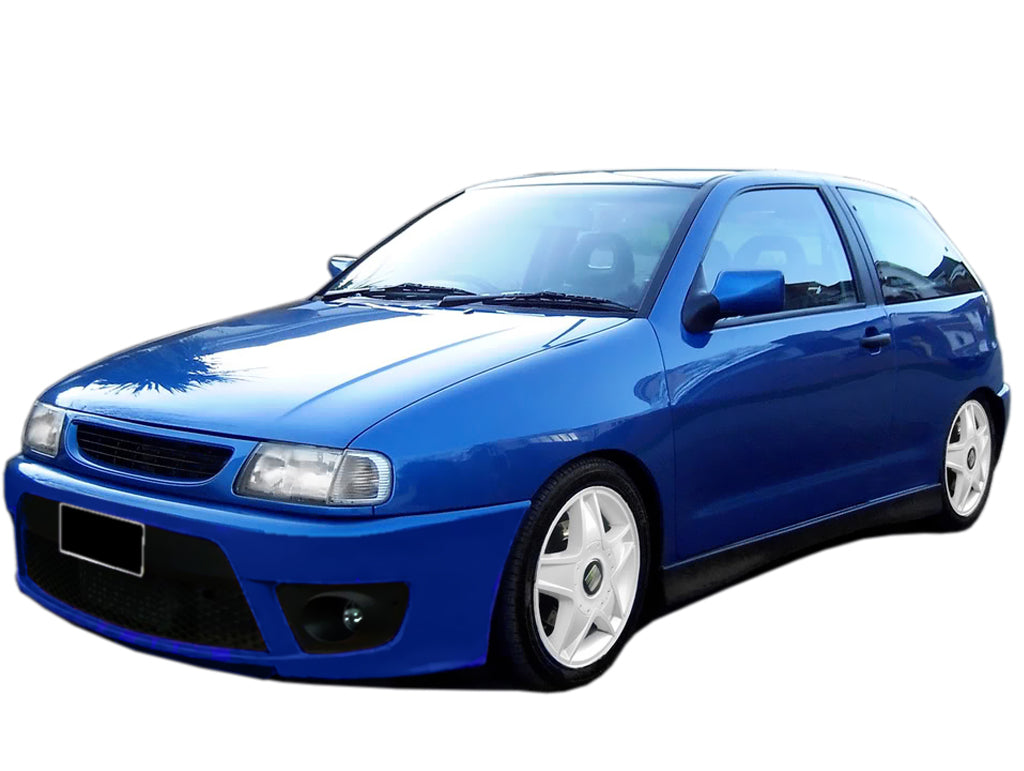 Front view of a blue SEAT Ibiza equipped with a front bumper Seat Ibiza Cupra look, featuring a widened lower grille and sporty fog-light housings.