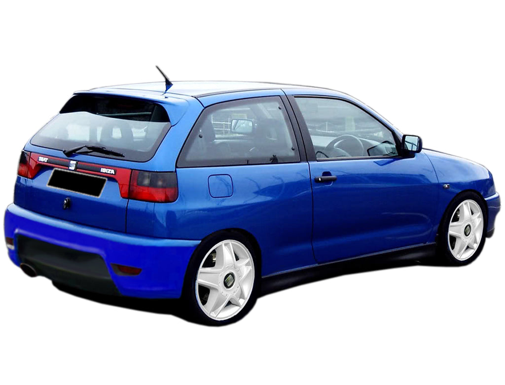 Rear view of a blue SEAT Ibiza fitted with a rear bumper Seat Ibiza Cupra look, featuring a sporty lower diffuser and an upgraded aerodynamic design.