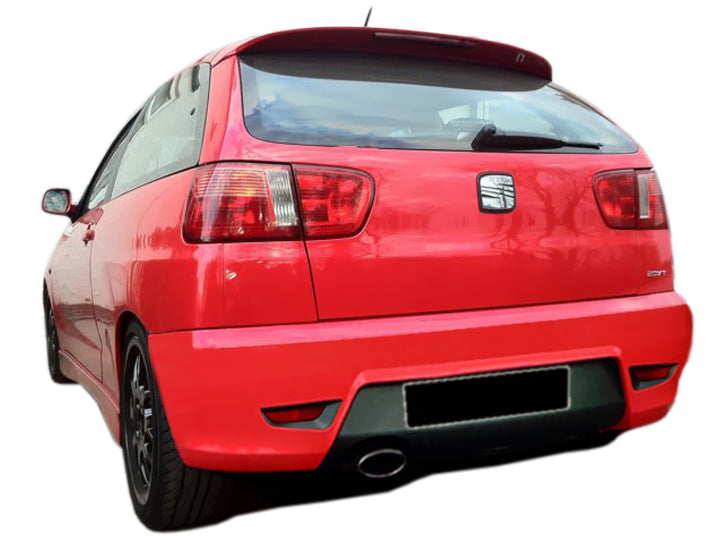 Rear bumper for Seat Ibiza New Cupra Look installed on a red Seat Ibiza, featuring a sporty diffuser-style lower section, single exhaust outlet and OEM-style fitment.