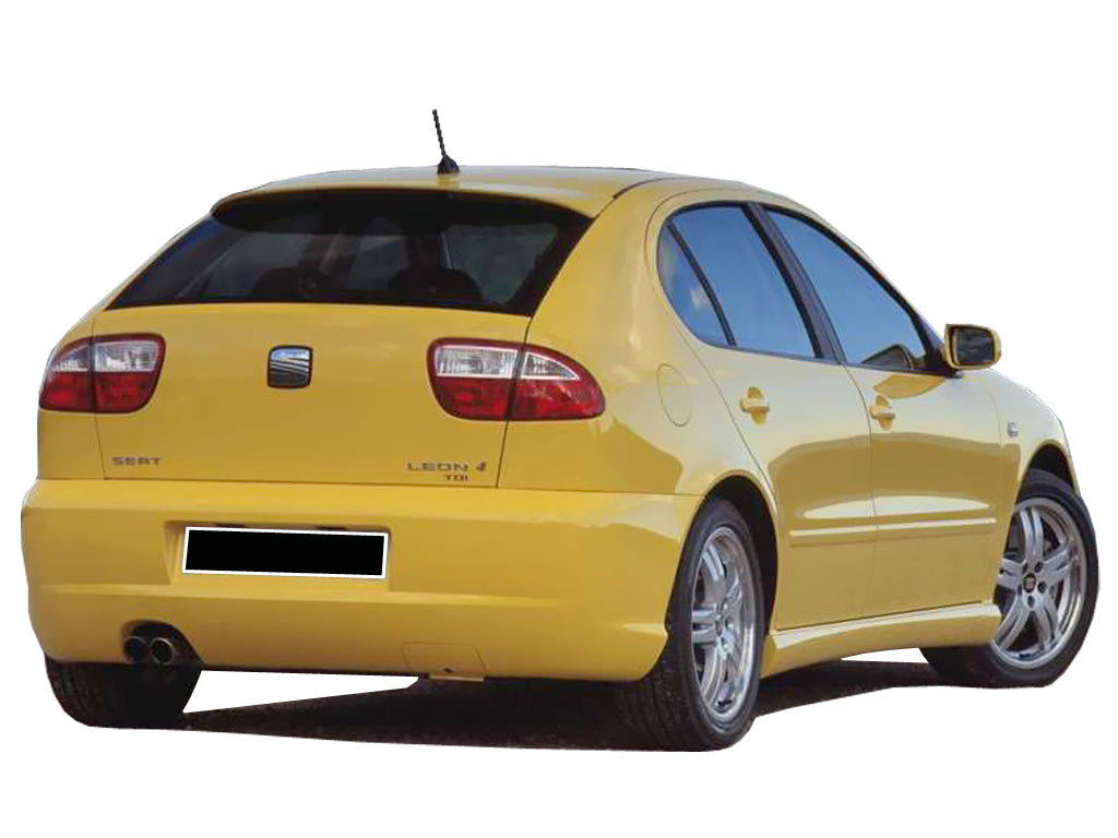 FR Look rear bumper for Seat Leon fitted on a yellow Seat Leon, showing a clean sporty rear design with integrated diffuser styling and subtle performance lines.