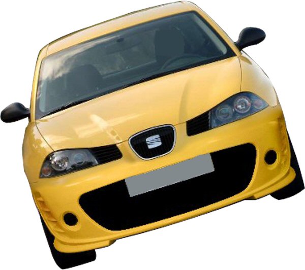 Front view of a yellow Seat Ibiza 6L equipped with a front bumper Edition look, featuring a large central air intake, rounded fog light housings and sporty aerodynamic lines; performance styling and aggressive front-end design.