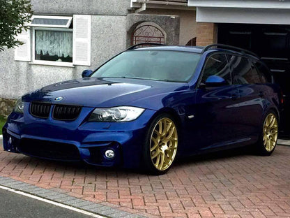 Side View of Front Bumper for BMW 3 Series E90/E91 PRE-LCI M4 Look Fog Lights on vehicle. Made from 1st grade FRP (reinforced fiberglass)