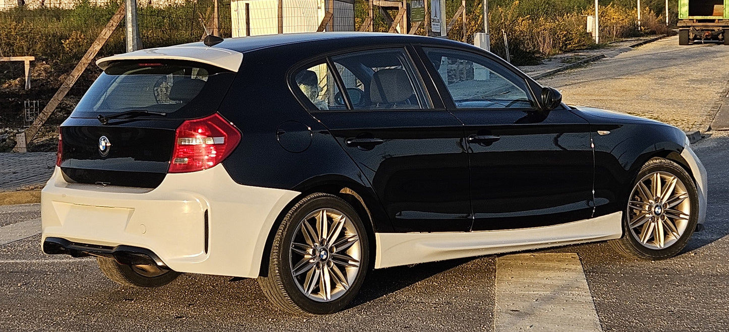 Side View of Rear Bumper BMW 1 Series E81/E87 M2 Look on vehicle. Made from 1st grade FRP (reinforced fiberglass)