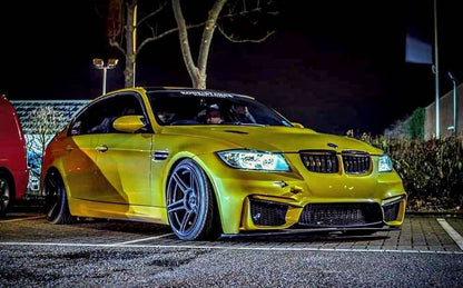 Side View of Front Bumper for BMW 3 Series E90/E91 PRE-LCI M4 Look on vehicle. Made from 1st grade FRP (reinforced fiberglass)