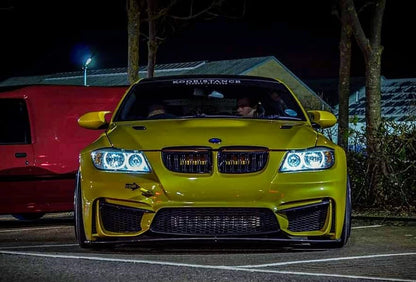 Front View of Front Bumper for BMW 3 Series E90/E91 PRE-LCI M4 Look on vehicle. Made from 1st grade FRP (reinforced fiberglass)